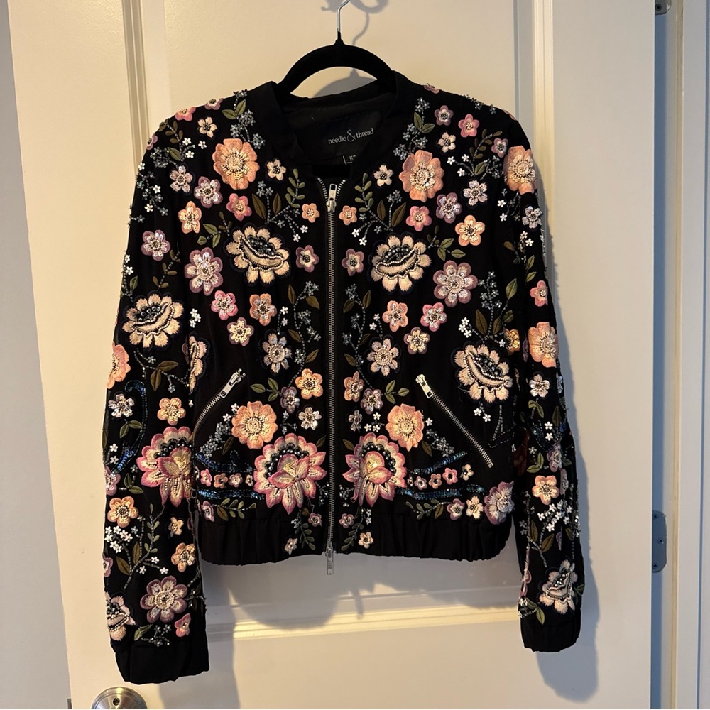 Needle & Thread Floral Sequin Embroidered Black Bomber Jacket | Size 6 - Picture 3 of 7